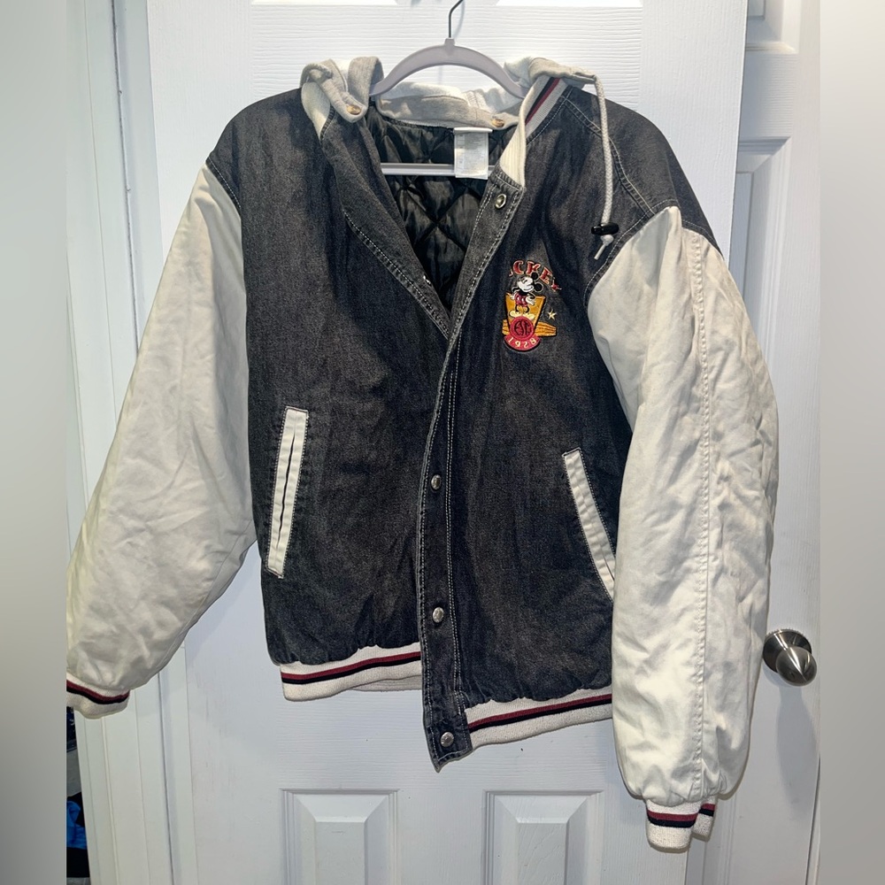 Vintage Disney Store Mickey Mouse Varsity Hooded Jacket Embroidered Y2K